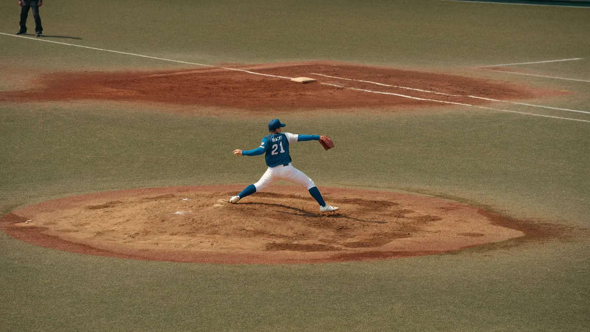 A baseball player in a blue uniform pitching a ball on a baseball field.